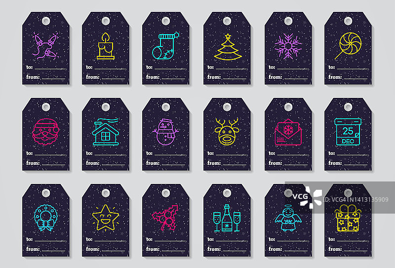 圣诞标签设置霓虹灯风格鹿，日历，礼物，香槟，星星，雪花，树图片素材