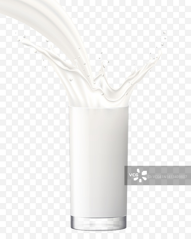 牛奶溅在玻璃杯里。牛奶或酸奶倒入玻璃杯中。逼真的3d矢量插图，孤立在透明背景上图片素材