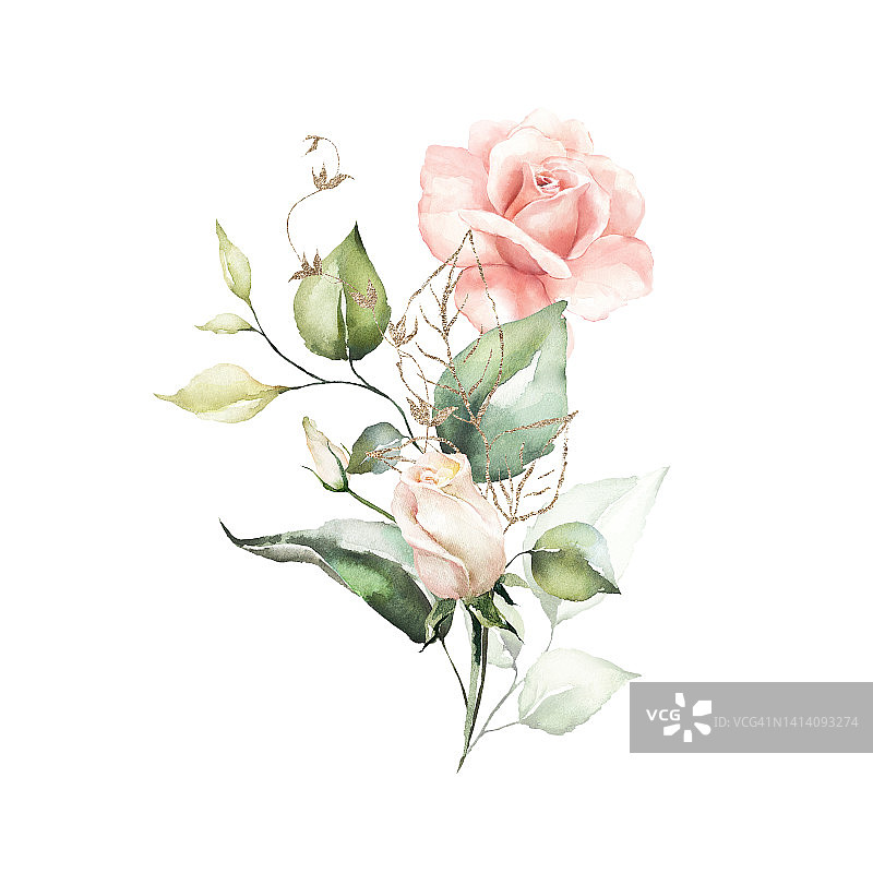 水彩花束边花圈框以鲜艳的桃红色、腮红、白色、粉红色、鲜艳的花朵、金色元素、绿叶图片素材