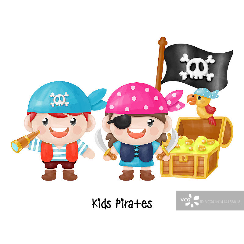 孩子海盗船长和水手的角色，水彩剪纸图片素材