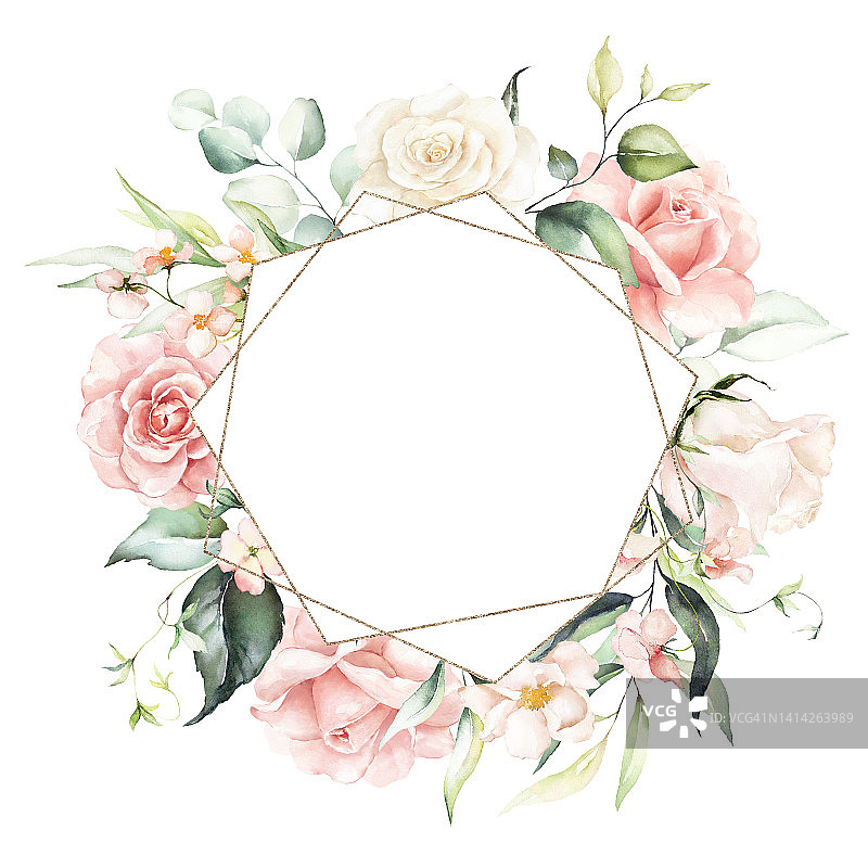 水彩桃红粉色绿色花框/花环-花，叶和树枝的金色几何形状图片素材