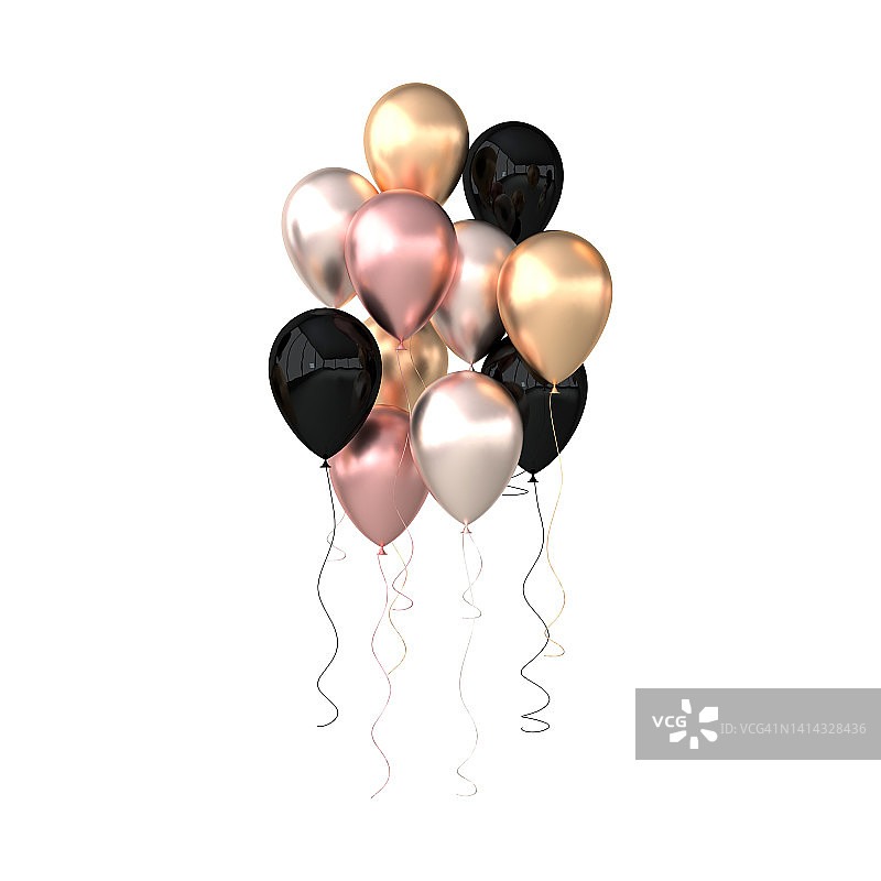 3d渲染插图的现实光泽的粉红色，金色，银色气球孤立在粉红色的背景。一堆用来设计派对的气球图片素材