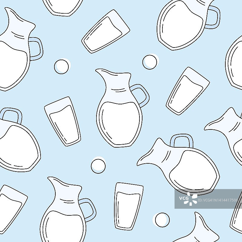 牛奶无缝图案与牛奶壶和牛奶杯在平面风格。农产品。图片素材