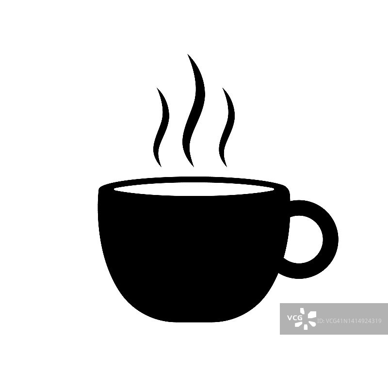 一杯热咖啡黑色剪影图标。茶碟上蒸茶杯象形文字。早晨早餐液体饮料扁平标志。新鲜饮料在茶杯简单的标志。孤立的矢量图图片素材
