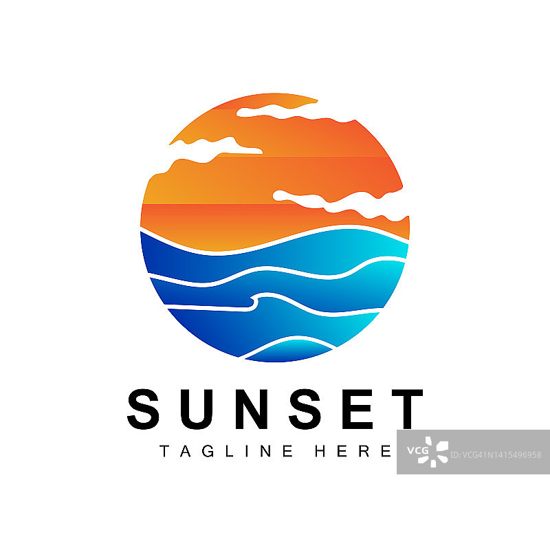 日落海滩标志设计，海景插图，红色的一天假期点向量图片素材
