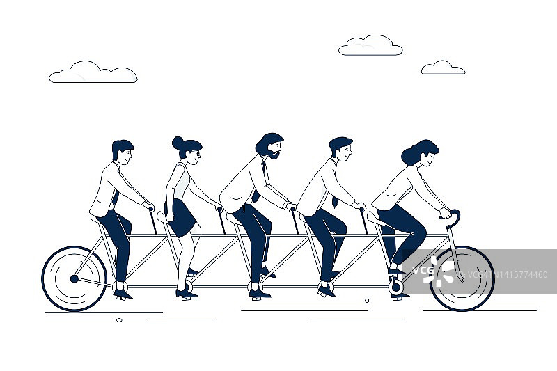 商务人士骑着双人自行车。具有团队合作精神和领导能力。与创意人员合作产生创意。工作团队近期矢量隐喻图片素材