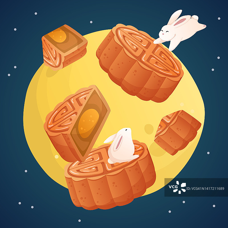 亚洲秋天的节日。中秋快乐插图横幅。可爱的兔子在晚上吃着美味的月饼，看月亮图片素材