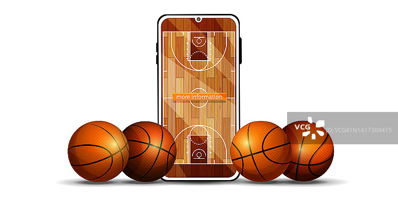 卡通风格的团队竞赛、运动和胜利概念。篮球和手机，在孤立的白色背景上有一个应用程序。时髦的网页模板或横幅。图片素材
