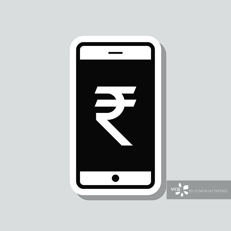 印着印度卢比标志的智能手机。图标贴纸在灰色背景图片素材