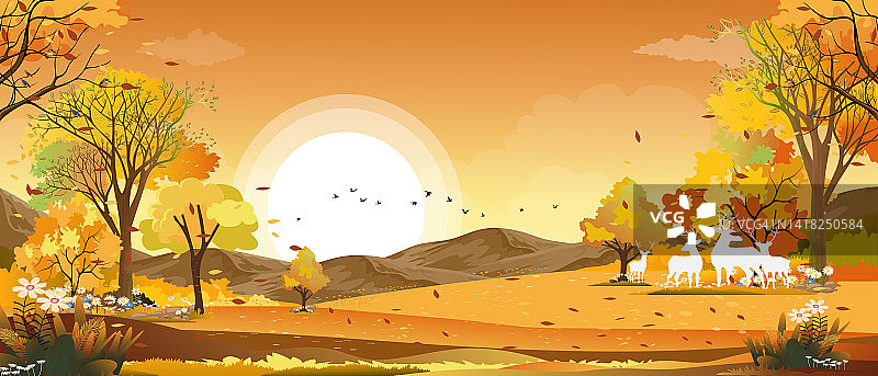 秋日乡村的梦幻全景，在黄色的树叶中，农田、山峦、野草、落叶尽收眼底。秋天的仙境风景图片素材
