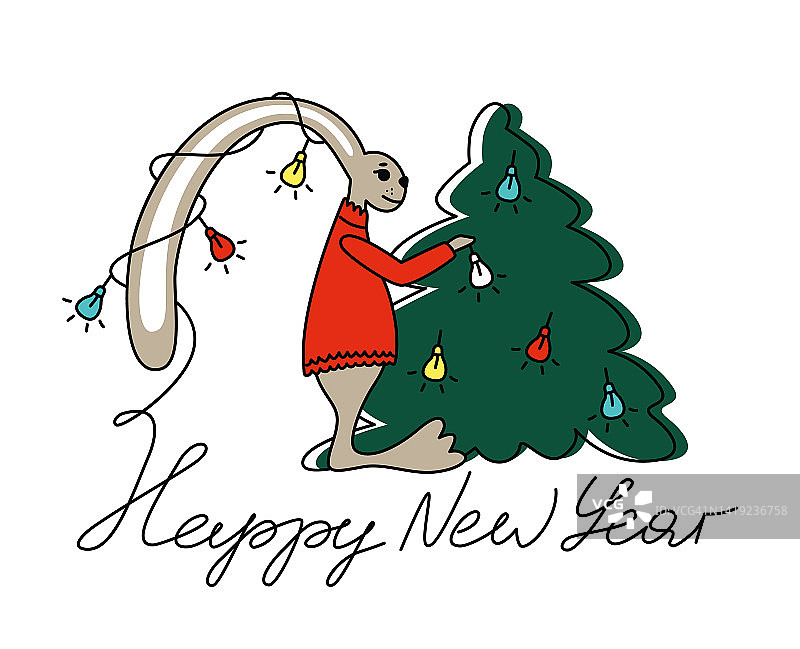 兔子用花环装饰圣诞树。新年明信片。矢量插图。图片素材