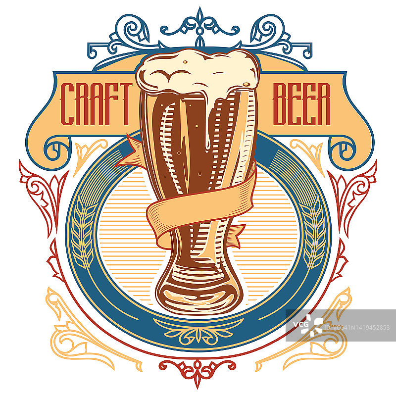 精酿啤酒-啤酒杯上装饰的复古标志图片素材