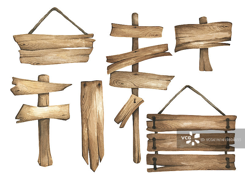 水彩画木招牌，空空孤立，木横幅，木板，木板。图片素材