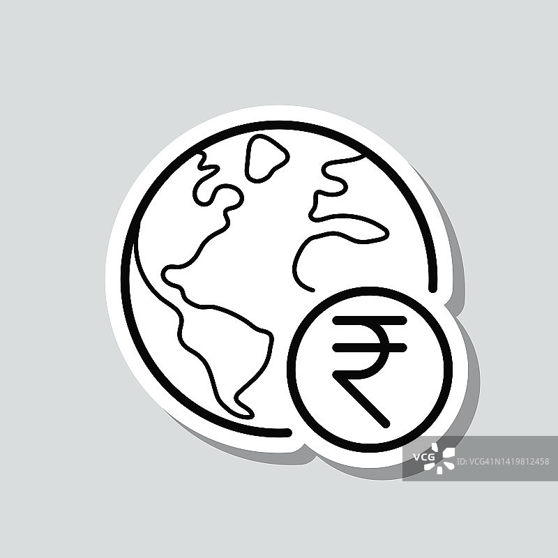 地球上有印度卢比的标志。图标贴纸在灰色背景图片素材