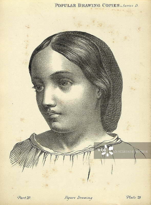 素描人脸，戴发网的女孩肖像，19世纪维多利亚艺术人物画拷贝图片素材
