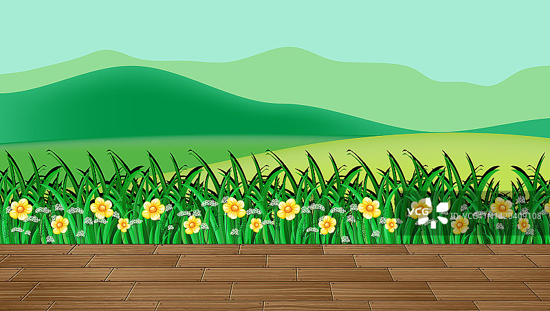 花田和绿草与山的背景图片素材