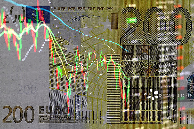 200欧元纸币背景股票图表。欧盟经济危机图片素材