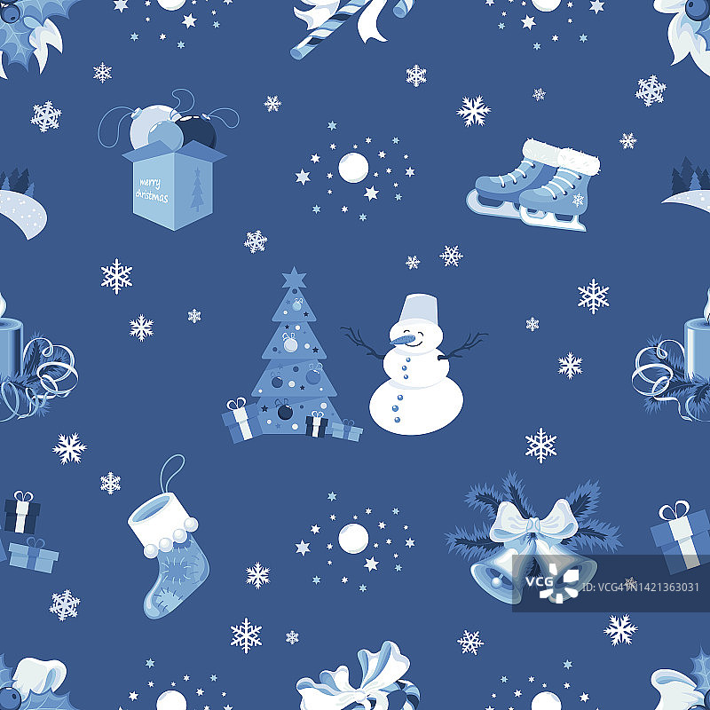 无缝图案与圣诞节和新年的标志在蓝色的背景图片素材