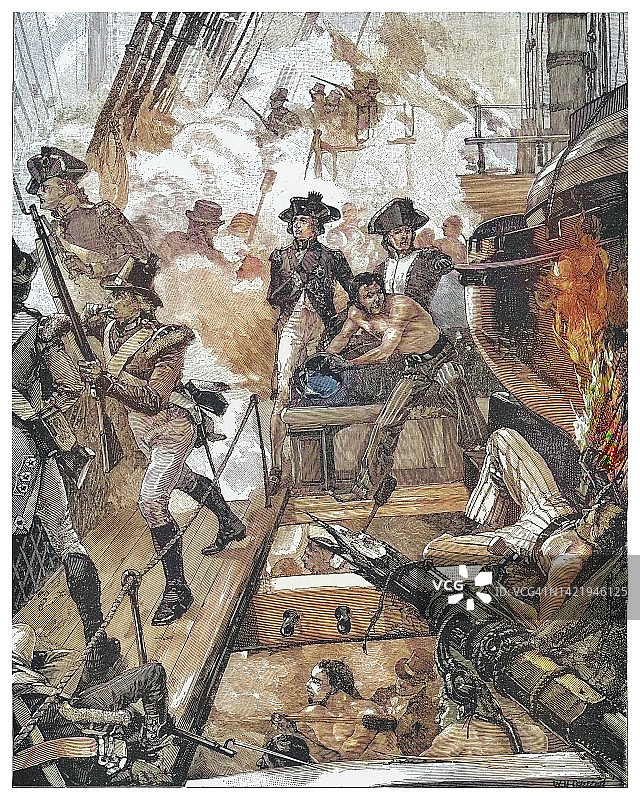 1805年10月21日，英国皇家海军与法国和西班牙海军联合舰队在特拉法加海战的古老雕刻插图图片素材