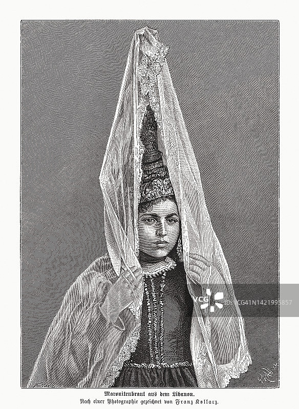 来自黎巴嫩的马龙派新娘，木刻，1885年出版图片素材