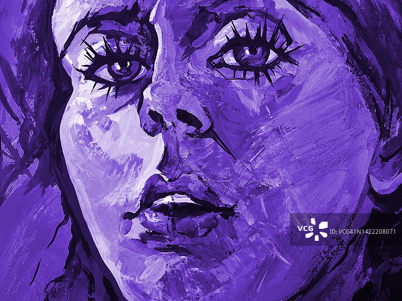 插画肖像的年轻女子油画在紫色色调图片素材