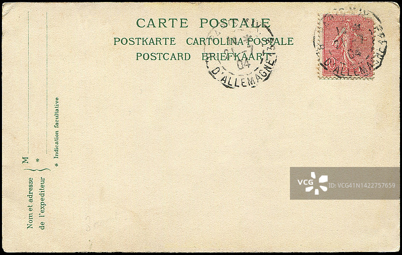 1904年从法国巴黎寄出的空白古明信片，具有非常好的历史背景的海外邮政服务，可以用于任何用途，任何历史情况。图片素材