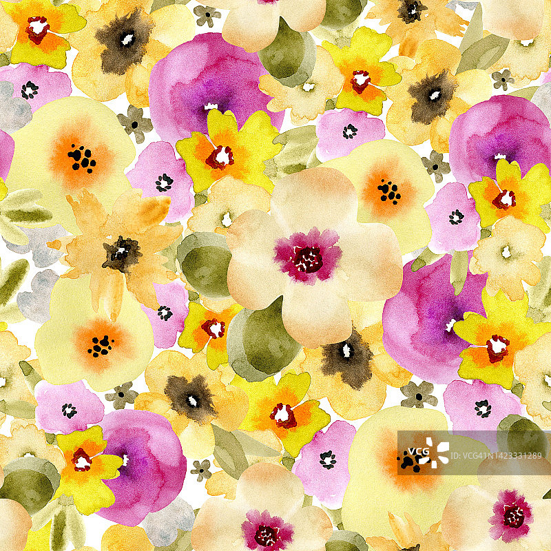 无缝模式与抽象的彩色花朵在白色背景，水彩插图。图片素材