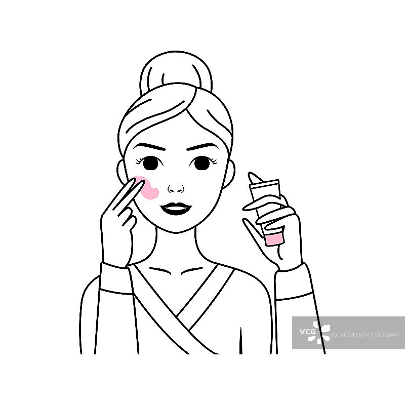美丽的女人手里拿着面霜。快乐女士将保湿乳液涂在面部皮肤上。微笑和健康的皮肤。白色黑色粉红色。行时尚风格。白色背景。向量图片素材