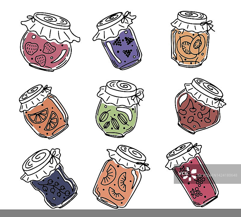涂鸦风格的矢量罐与各种果酱，孤立的白色背景图片素材