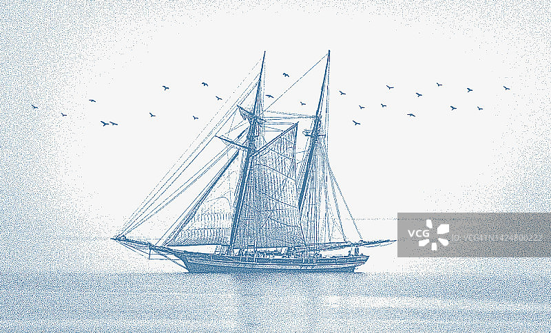 一艘高船的复古风格插画图片素材