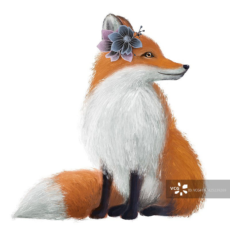 可爱的毛茸茸的狐狸与花森林动物图片素材