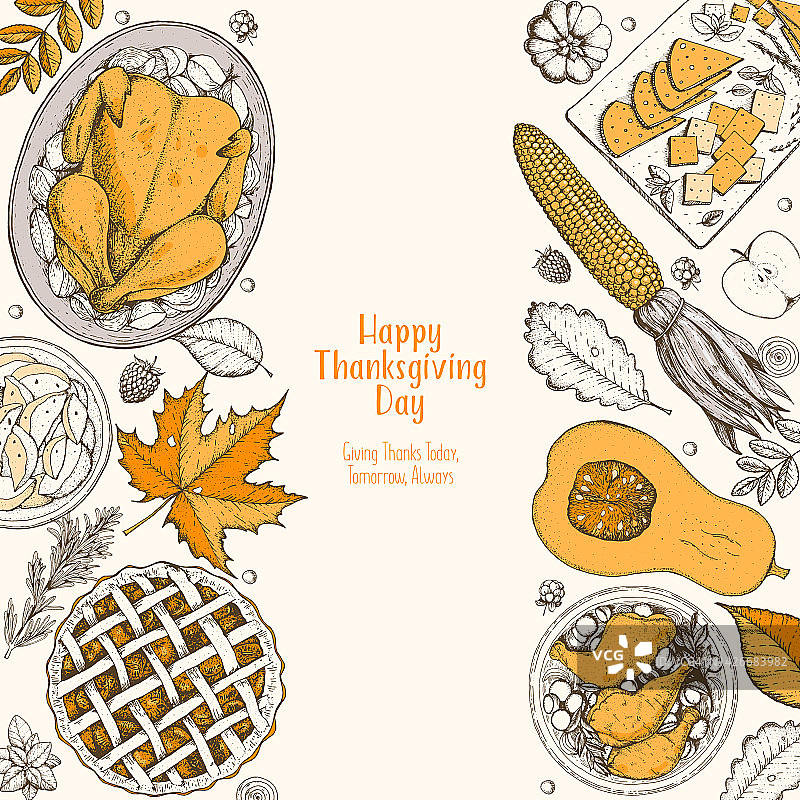 感恩节俯视图矢量插图。食品手绘草图。有火鸡和土豆的节日晚餐。秋季粮食草图。雕刻的形象。图片素材