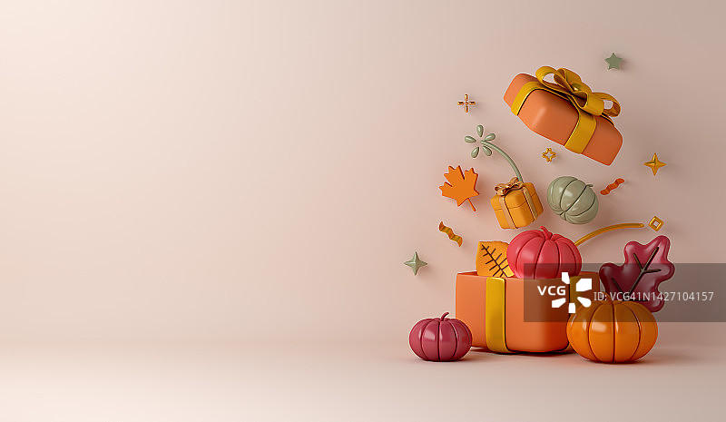 秋季装饰背景与南瓜，橙叶，礼品盒复制空间文字，3d渲染插图图片素材