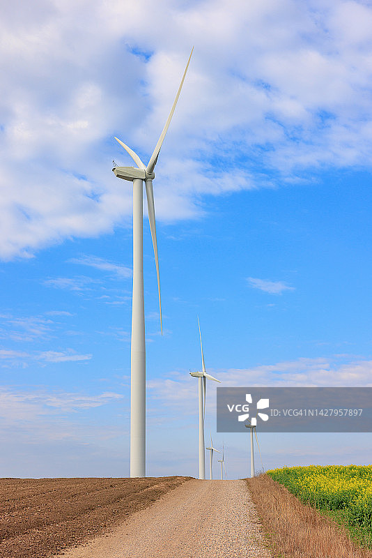 在农田的土路旁，风力发电机排成一排图片素材
