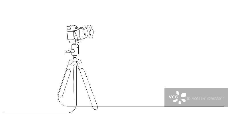 相机在三脚架上的连续线条绘制。矢量插图。图片素材