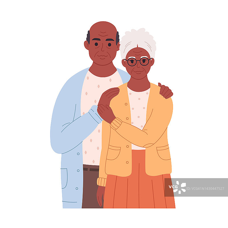 黑老爱夫妻拥抱。微笑的爷爷奶奶。退休男女。年长的夫妇肖像。手绘矢量图图片素材