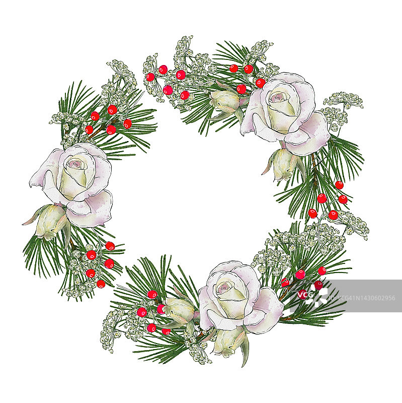 水彩圣诞花环。绿色的树枝，花朵和红色的浆果。孤立在白色背景中图片素材