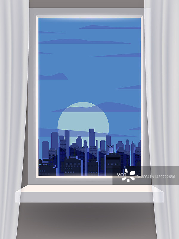 窗景室内，夜城，摩天大楼，建筑物，月亮。图片素材