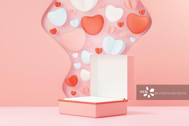3d渲染最小的甜蜜场景与展示平台模拟和产品品牌展示。情人节主题的粉色底座。可爱可爱的心背景。爱戴的设计风格。图片素材