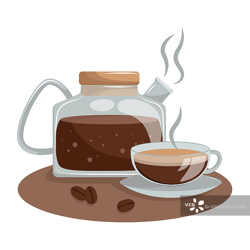矢量平面的玻璃咖啡壶。热的芳香咖啡在玻璃壶和杯子。卡布奇诺咖啡,美式咖啡,咖啡。图片素材