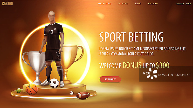 体育博彩，橙色横幅为网站与足球运动员在领奖台与黄色霓虹环的背景，冠军杯和运动球图片素材