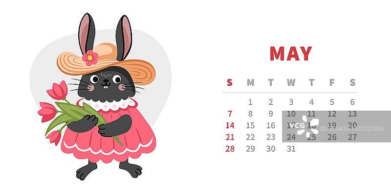 2023年5月的日历水平模板。中国黑水兔年。可爱的卡通兔子女孩与郁金香花的角色。矢量插图。图片素材
