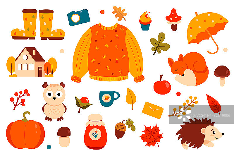 秋天的元素:毛衣，狐狸，刺猬，树叶，房子，猫头鹰，靴子，伞，蘑菇和更多。适合包装设计，贴纸和装饰。插图。图片素材