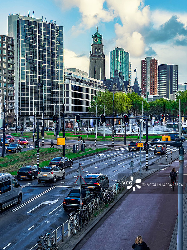 垂直视角的繁忙鹿特丹城市与市中心天际线。图片素材