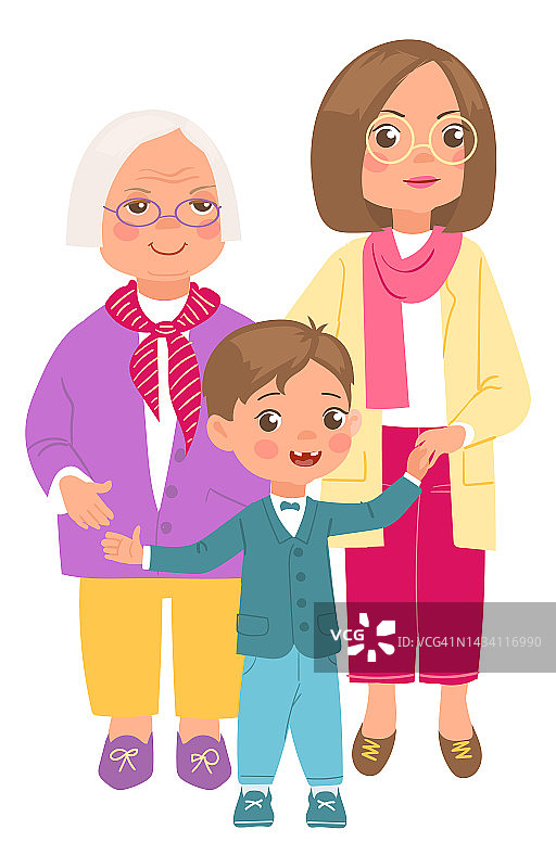 幸福的家庭。卡通男孩与妈妈和奶奶站在一起。亲戚群像。年轻和资深女性。父母和孩子。人们的关系。矢量图图片素材