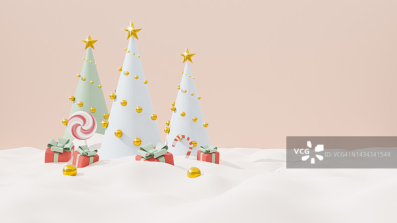 圣诞快乐和新年快乐的圣诞树和礼盒上的雪花，色调柔和的背景。三维渲染图片素材