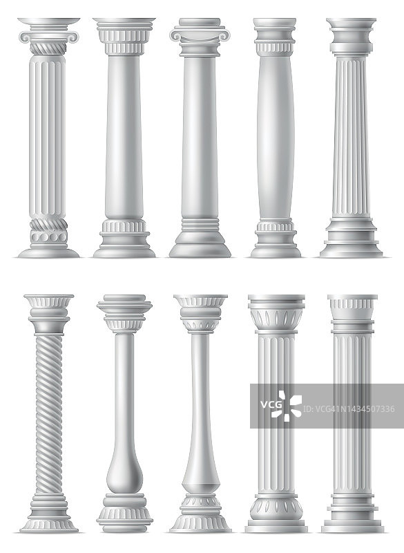 古色古香的柱子，逼真的图标集。罗马或希腊建筑的经典石柱与扭曲和凹槽装饰的立面设计图片素材