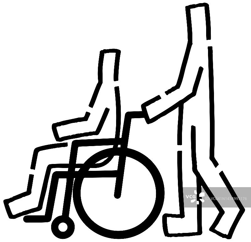 使用轮椅的人和提供帮助的人。手绘曲棍球手。图片素材