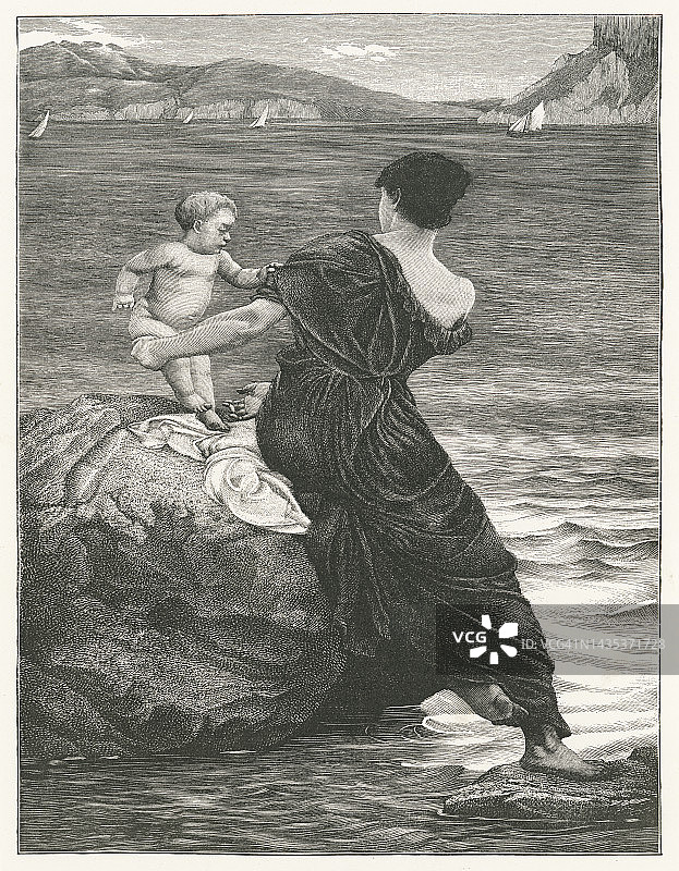 古老的雕刻插图，一个美丽的年轻女子站在海边和她的婴儿图片素材