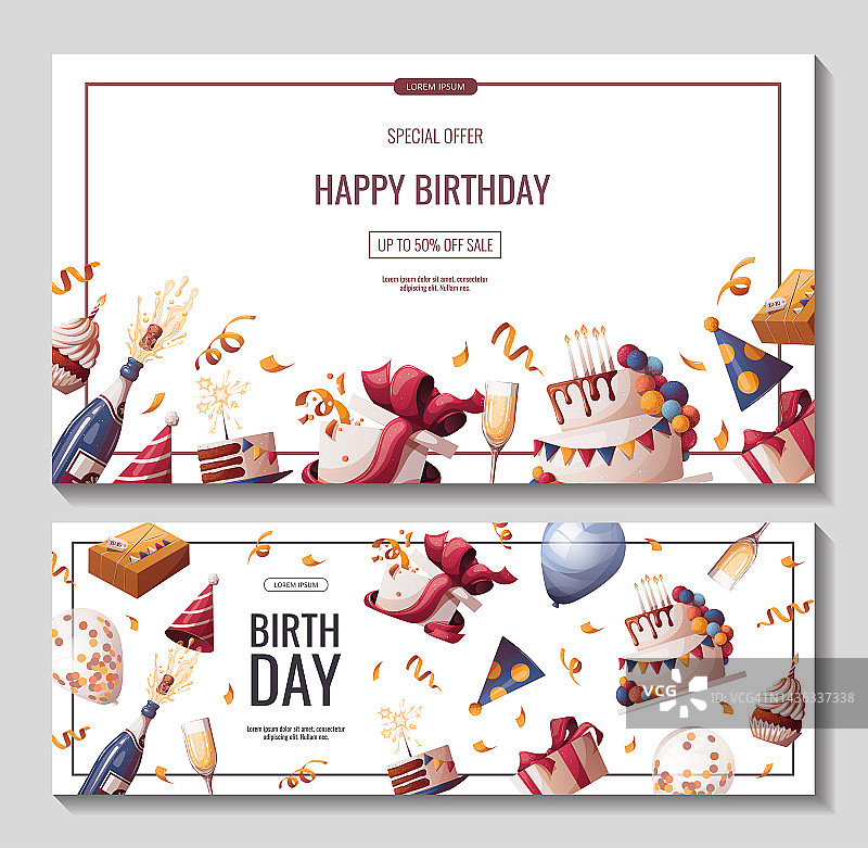 一套生日促销横幅与蛋糕，香槟，纸杯蛋糕，礼物，帽子，五彩纸屑。图片素材